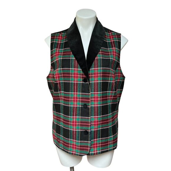 Vintage 90s Plaid Tartan Vest Velvet Collar Black Red Green Womens Large - Picture 1 of 5
